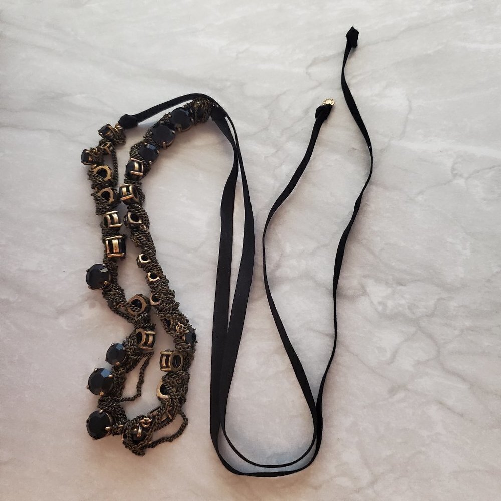 ✨ J.Crew Black Rhinestones Crystals Chain Ribbon Twist Tie Necklace ✨ - Picture 1 of 9